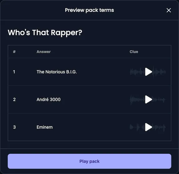 pack preview with three playable audio clues