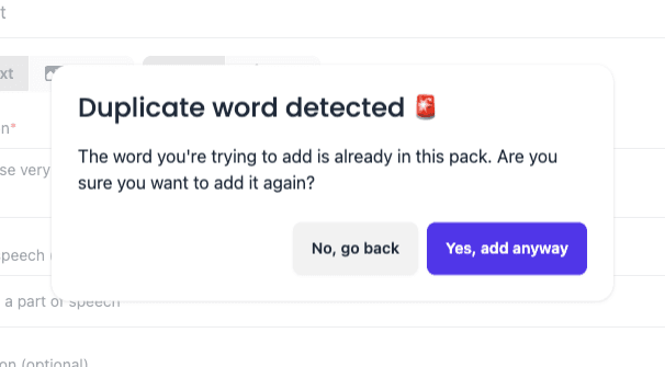 duplicate word detection confirmation modal