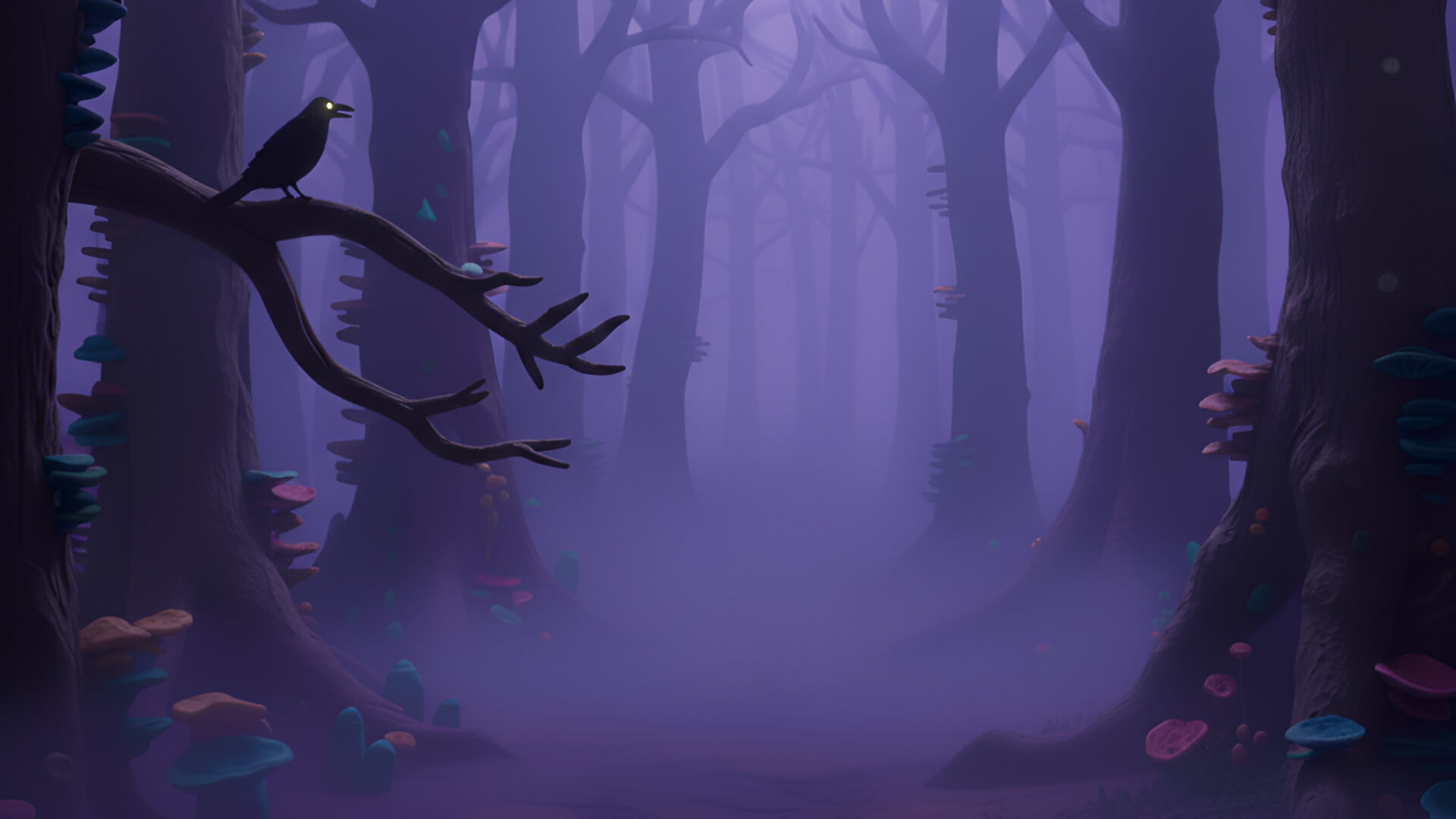 spooky dark purple forest with a crow on a tree